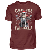 Ein weihnachtliches Biker T-Shirt für Motorradfahrer von Wingbikers mit dem Aufdruck, God Jól Valhalla, - in weinrot.