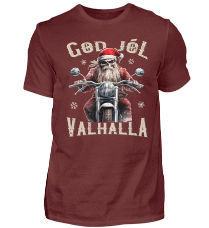 Ein weihnachtliches Biker T-Shirt für Motorradfahrer von Wingbikers mit dem Aufdruck, God Jól Valhalla, - in weinrot.