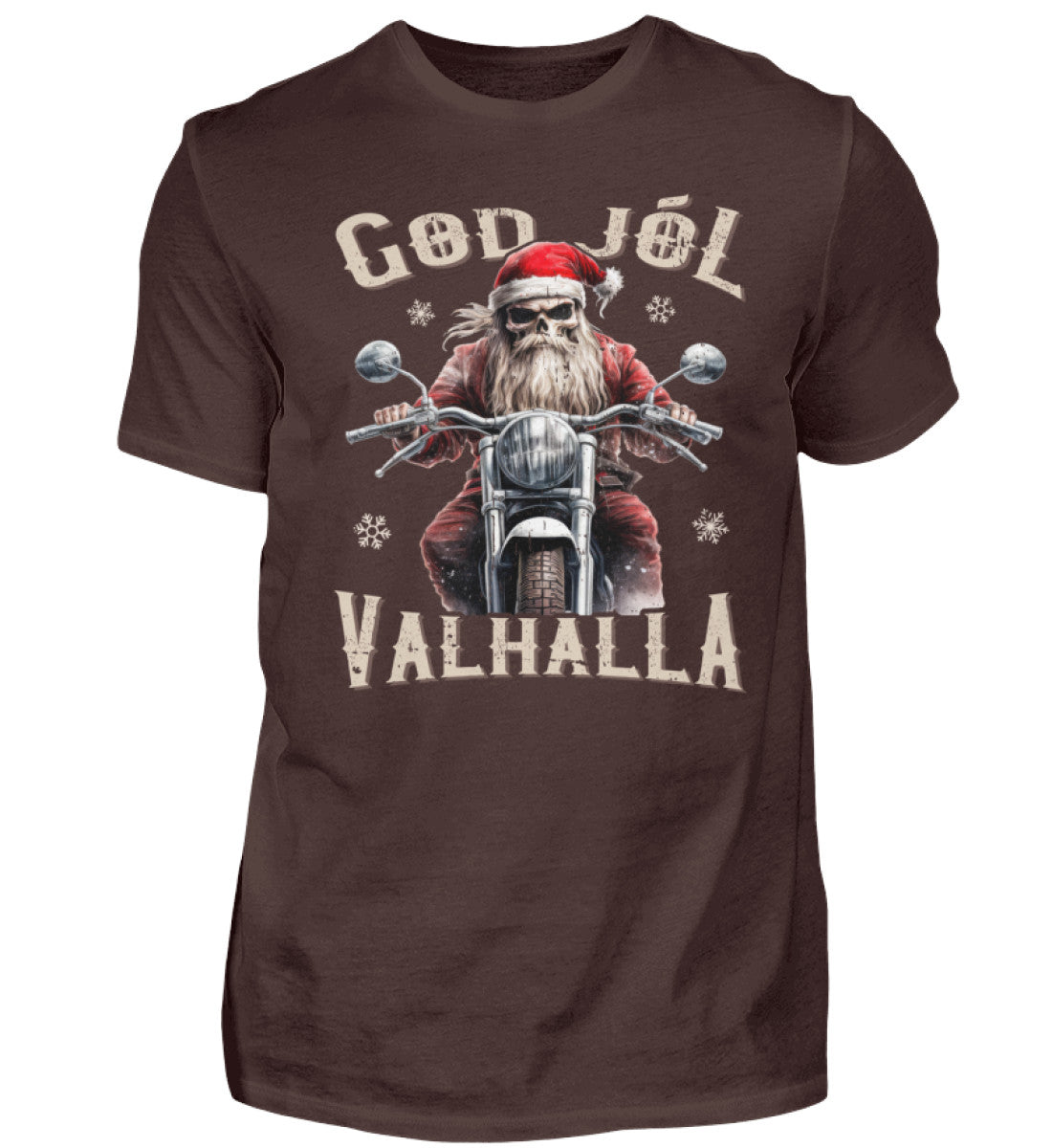 Ein weihnachtliches Biker T-Shirt für Motorradfahrer von Wingbikers mit dem Aufdruck, God Jól Valhalla, - in braun.