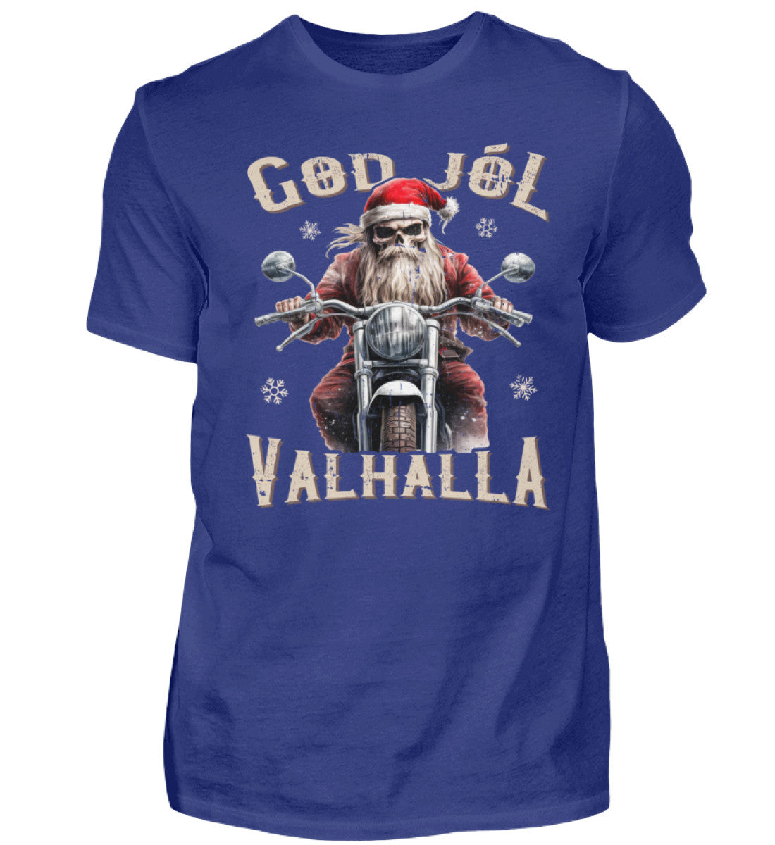 Ein weihnachtliches Biker T-Shirt für Motorradfahrer von Wingbikers mit dem Aufdruck, God Jól Valhalla, - in royal blau.