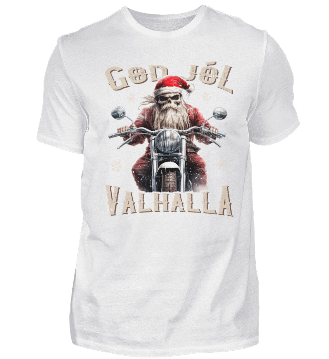Ein weihnachtliches Biker T-Shirt für Motorradfahrer von Wingbikers mit dem Aufdruck, God Jól Valhalla, - in weiß.