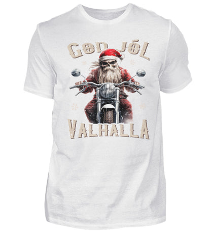 Ein weihnachtliches Biker T-Shirt für Motorradfahrer von Wingbikers mit dem Aufdruck, God Jól Valhalla, - in weiß.