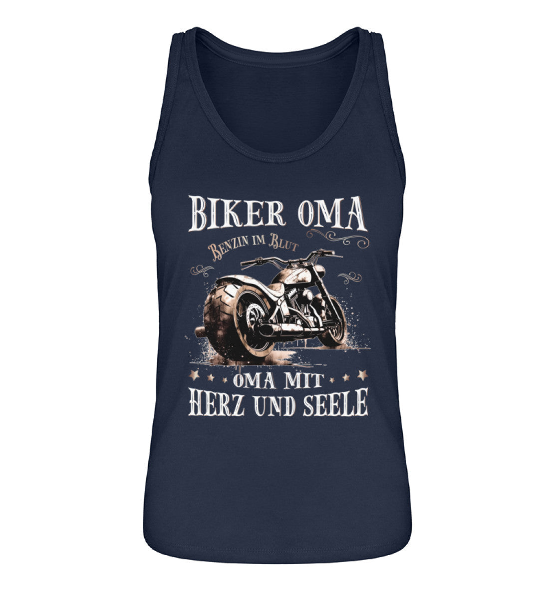 Ein Tanktop für Motorradfahrerinnen von Wingbikers mit dem Aufdruck, Biker Oma - Benzin im Blut - Oma mit Herz und Seele, in navy blau.