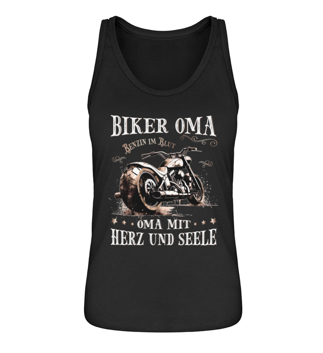 Ein Tanktop für Motorradfahrerinnen von Wingbikers mit dem Aufdruck, Biker Oma - Benzin im Blut - Oma mit Herz und Seele, in schwarz.