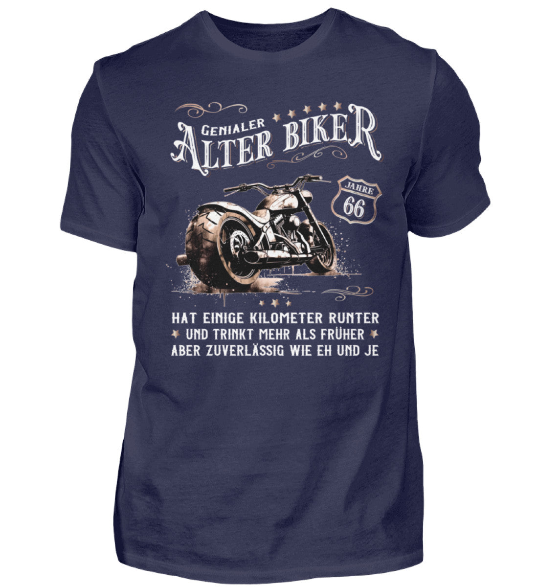 Ein Biker T-Shirt zum Geburtstag für Motorradfahrer von Wingbikers mit dem Aufdruck, Alter Biker - 66 Jahre - Einige Kilometer runter, trinkt mehr - aber zuverlässig wie eh und je - in navy blau.