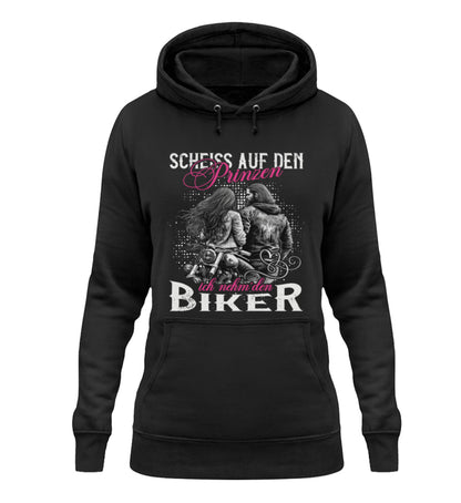 Ein Damen Hoodie für Motorradfahrerinnen von Wingbikers mit dem Aufdruck, Scheiß auf den Prinzen, ich nehm' den Biker, in schwarz.