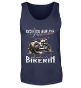 Ein Biker Tanktop für Motorradfahrer von Wingbikers mit dem Aufdruck, Scheiß auf die Prinzessin - Ich nehm´ die Bikerin - in navy blau.