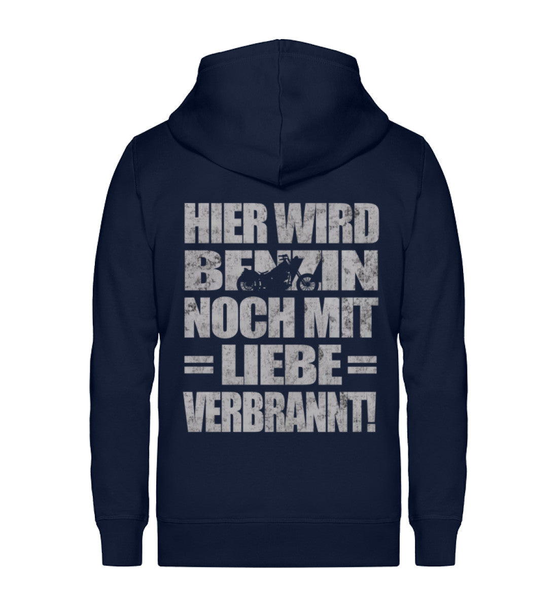 Eine Biker Hoodie-Jacke für Motorradfahrer von Wingbikers mit dem Aufdruck, Hier wird Benzin noch mit Liebe verbrannt - in navy blau.