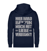 Eine Biker Hoodie-Jacke für Motorradfahrer von Wingbikers mit dem Aufdruck, Hier wird Benzin noch mit Liebe verbrannt - in navy blau.