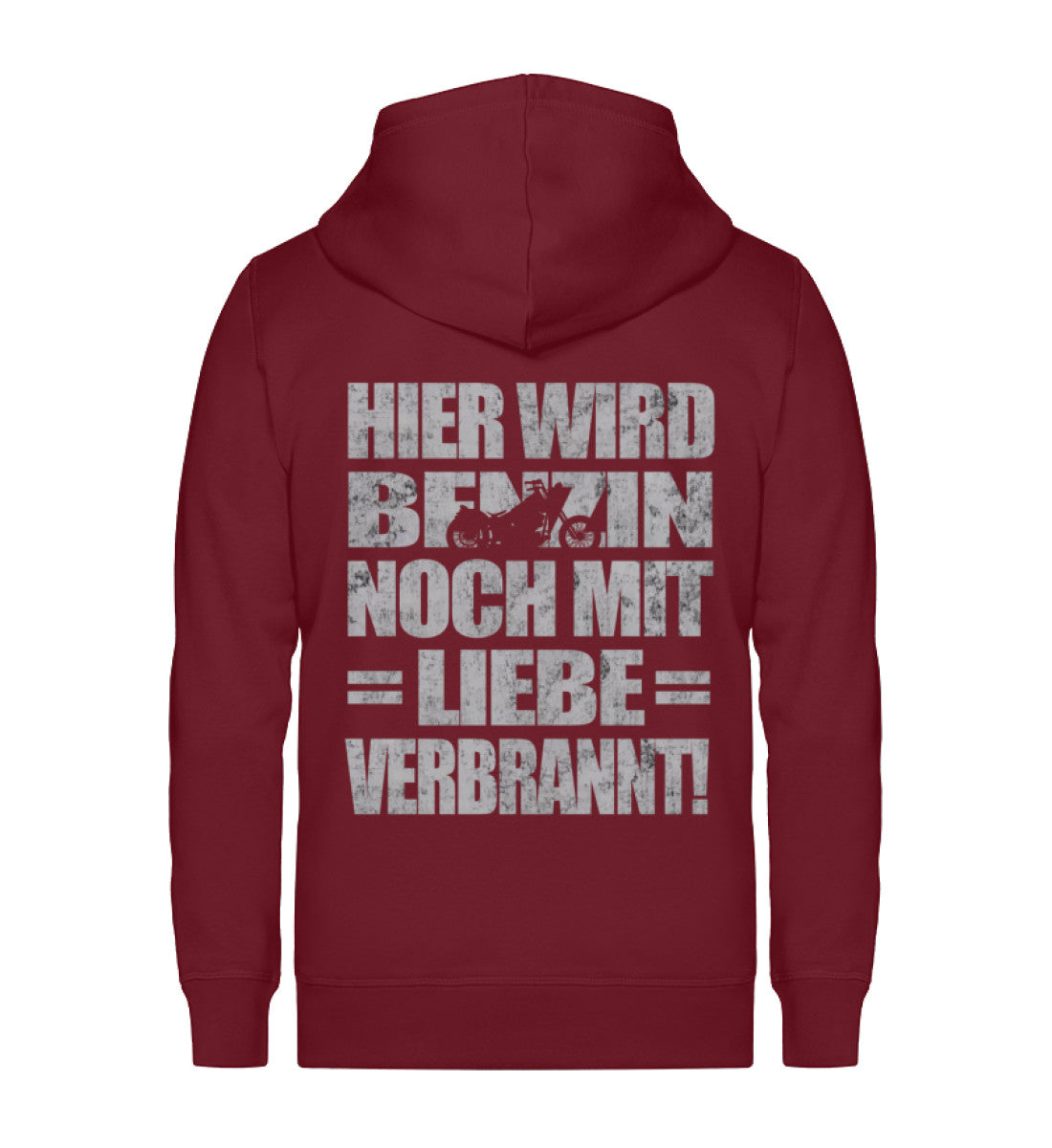 Eine Biker Hoodie-Jacke für Motorradfahrer von Wingbikers mit dem Aufdruck, Hier wird Benzin noch mit Liebe verbrannt - in burgunder weinrot.