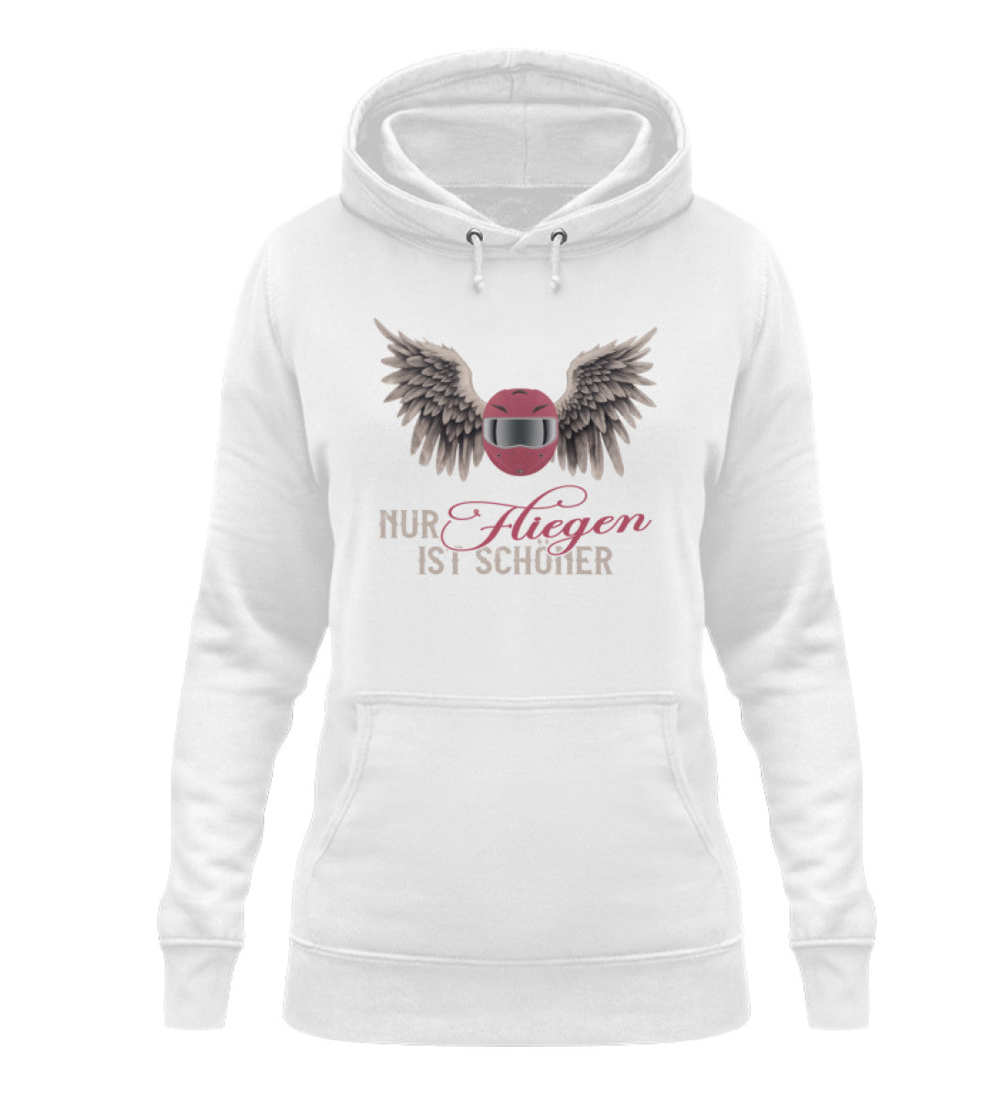 Ein Damen Hoodie für Motorradfahrerinnen von Wingbikers mit dem Aufdruck, Nur fliegen ist schöner, in weiß.