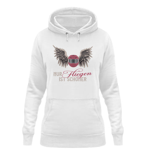 Ein Damen Hoodie für Motorradfahrerinnen von Wingbikers mit dem Aufdruck, Nur fliegen ist schöner, in weiß.