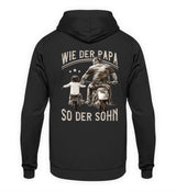 Ein Hoodie für Motorradfahrende Väter von Wingbikers mit dem Aufdruck, Wie der Papa, so der Sohn, in schwarz.