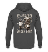 Ein Hoodie für Motorradfahrende Väter von Wingbikers mit dem Aufdruck, Wie der Papa, so der Sohn, in dunkelgrau.