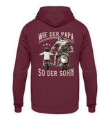 Ein Hoodie für Motorradfahrende Väter von Wingbikers mit dem Aufdruck, Wie der Papa, so der Sohn, in burgunder weinrot.