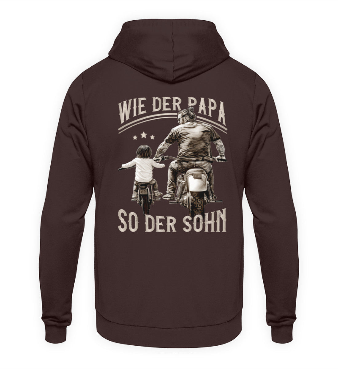 Ein Hoodie für Motorradfahrende Väter von Wingbikers mit dem Aufdruck, Wie der Papa, so der Sohn, in braun.