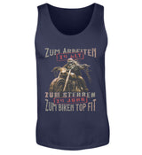 Ein Biker Tanktop für Motorradfahrer von Wingbikers mit dem Aufdruck, Zum Arbeiten zu alt, zum Sterben zu jung - Zum Biken top fit- in navy blau.