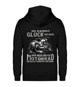 Eine Zip-Hoodie Jacke für Motorradfahrer von Wingbikers mit dem Aufdruck, Du kannst Glück nicht kaufen, aber Wein und ein Motorrad und das ist verdammt nah dran! - in schwarz.