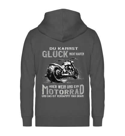 Eine Zip-Hoodie Jacke für Motorradfahrer von Wingbikers mit dem Aufdruck, Du kannst Glück nicht kaufen, aber Wein und ein Motorrad und das ist verdammt nah dran! - in dunkelgrau.
