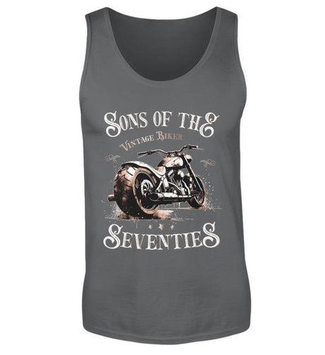 Ein Tanktop für Motorradfahrer von Wingbikers mit dem Aufdruck, Sons of the Seventies - Vintage Biker, in dunkelgrau