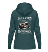 Ein Bikerin Hoodie für Motorradfahrerinnen von Wingbikers mit dem Aufdruck, Das Leben ist zu kurz, um hässliche Motorräder zu fahren - mit Back Print, in petrol türkis.