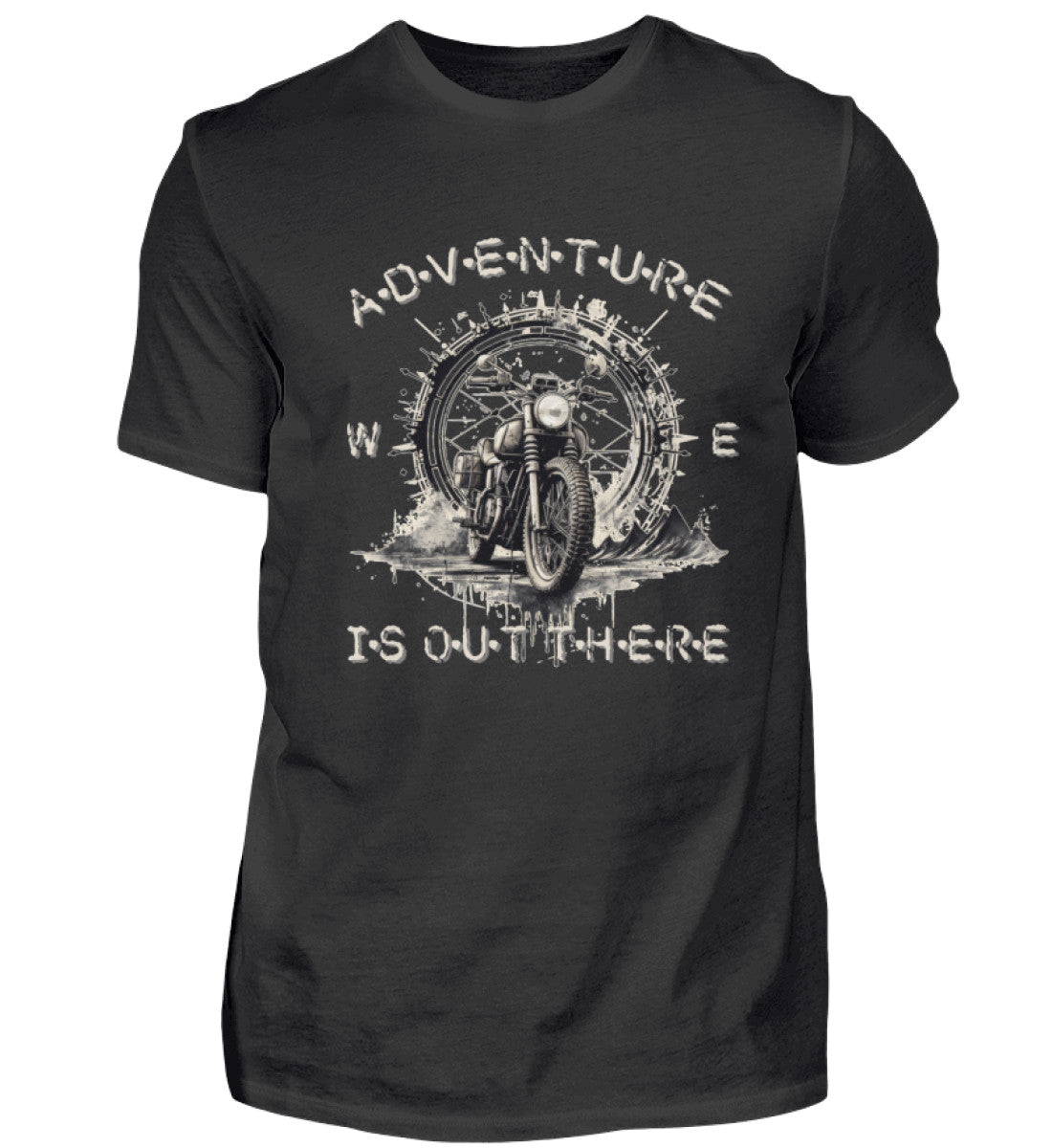 Ein T-Shirt für Motorradfahrer von Wingbikers mit dem Aufdruck, Adventure Is Out There, in schwarz.
