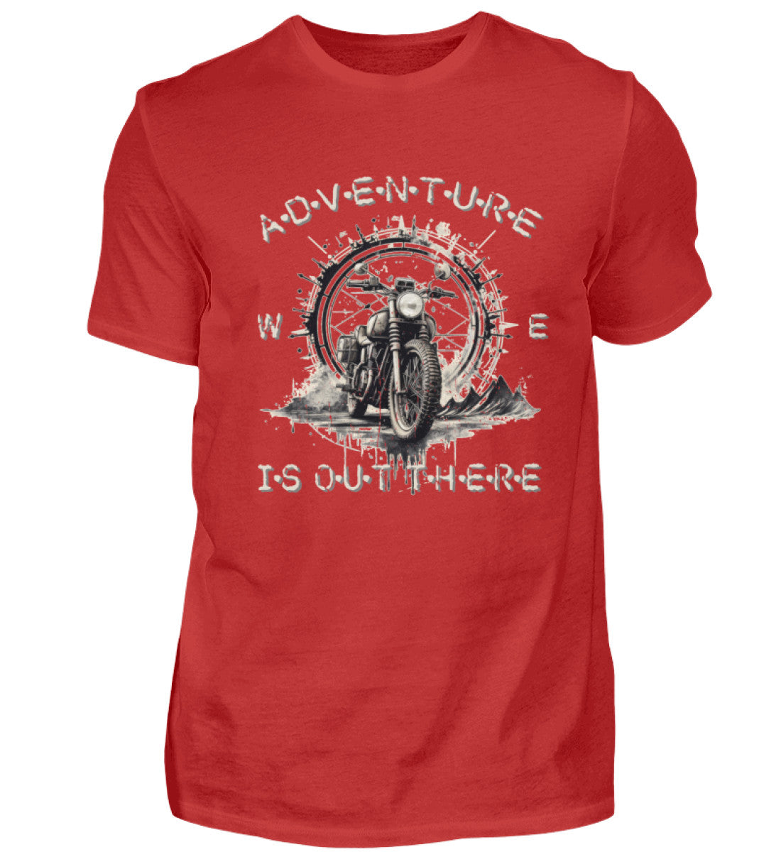 Ein T-Shirt für Motorradfahrer von Wingbikers mit dem Aufdruck, Adventure Is Out There, in rot.