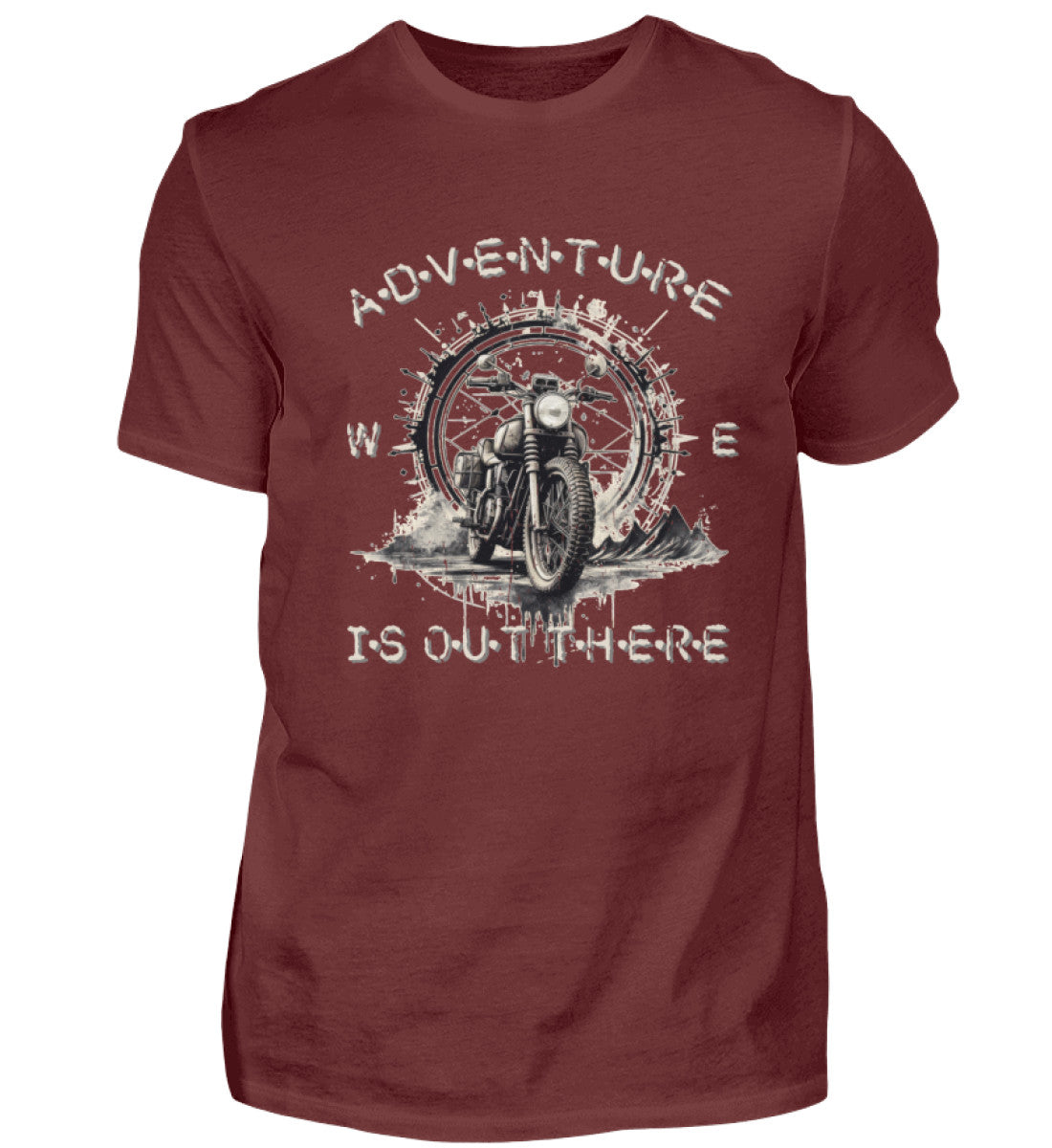 Ein T-Shirt für Motorradfahrer von Wingbikers mit dem Aufdruck, Adventure Is Out There, in weinrot.
