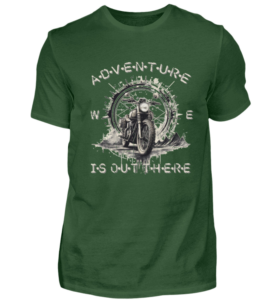 Ein T-Shirt für Motorradfahrer von Wingbikers mit dem Aufdruck, Adventure Is Out There, in dunkelgrün.