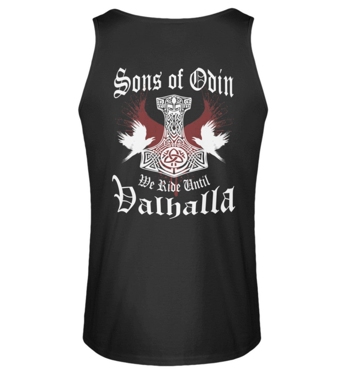 Ein Biker Tanktop für Motorradfahrer von Wingbikers mit dem Aufdruck, Sons of Odin - We Ride Until Valhalla, als Back Print, in schwarz.