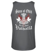 Ein Biker Tanktop für Motorradfahrer von Wingbikers mit dem Aufdruck, Sons of Odin - We Ride Until Valhalla, als Back Print, in dunkelgrau.