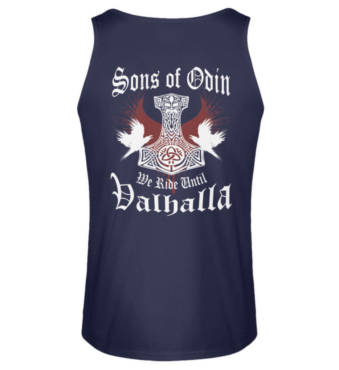 Ein Biker Tanktop für Motorradfahrer von Wingbikers mit dem Aufdruck, Sons of Odin - We Ride Until Valhalla, als Back Print, in navy blau.