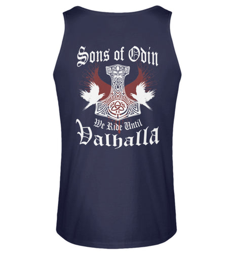 Ein Biker Tanktop für Motorradfahrer von Wingbikers mit dem Aufdruck, Sons of Odin - We Ride Until Valhalla, als Back Print, in navy blau.