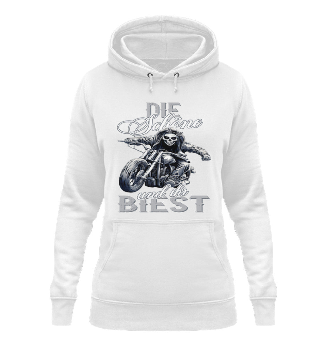 Ein Bikerin Hoodie für Motorradfahrerinnen von Wingbikers mit dem Aufdruck, Die Schöne und ihr Biest - in weiß.