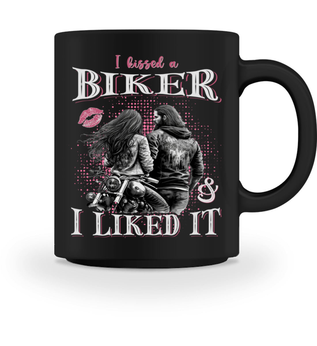 Eine Tasse für Motorradfahrer von Wingbikers, mit dem beidseitigen Aufdruck, I Kissed A Biker And I Liked It, in schwarz.