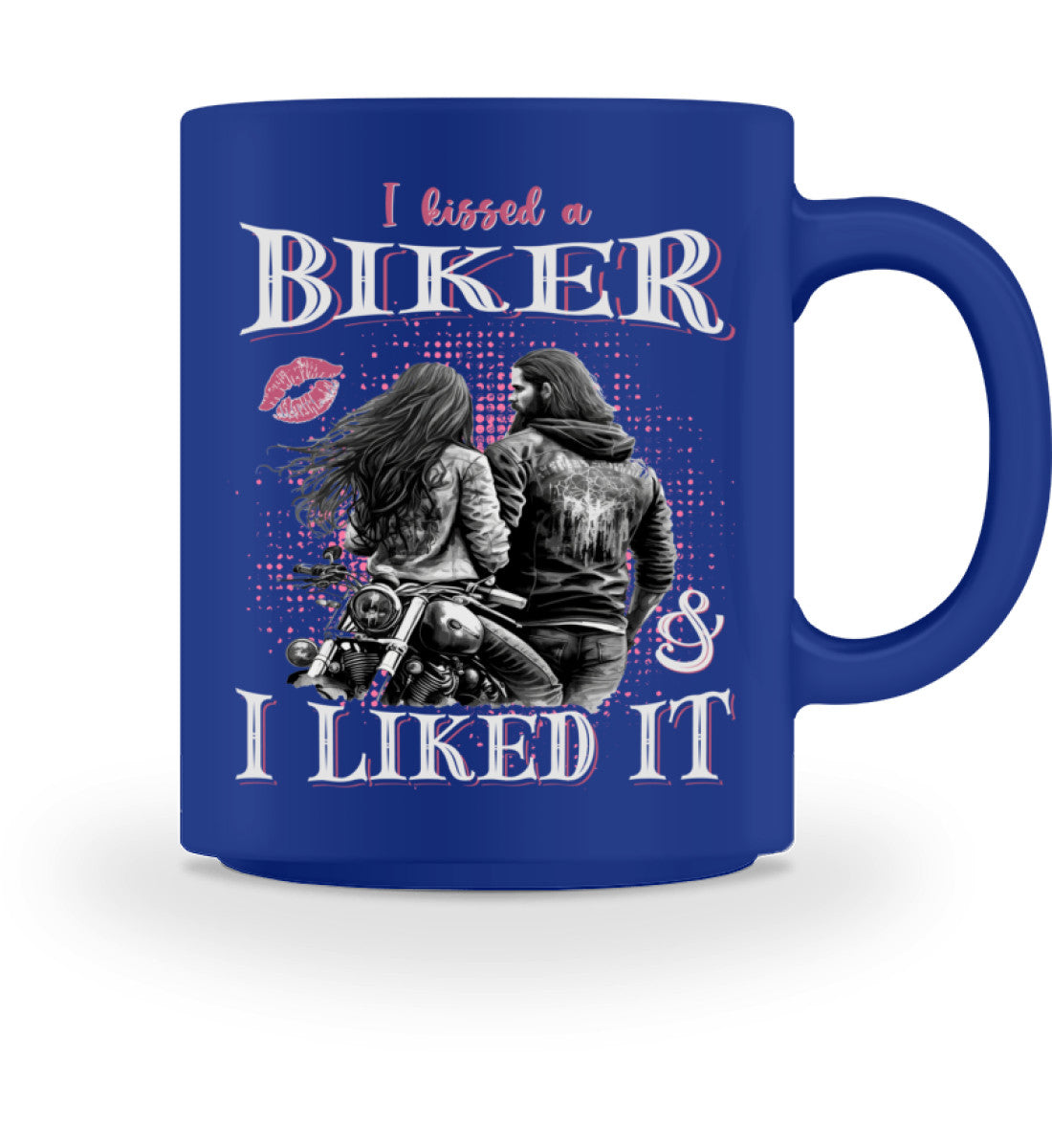 Eine Tasse für Motorradfahrer von Wingbikers, mit dem beidseitigen Aufdruck, I Kissed A Biker And I Liked It, in royal blau.
