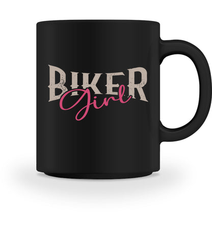 Eine Tasse für Motorradfahrer von Wingbikers, mit dem beidseitigen Aufdruck, Biker Girl, in schwarz.
