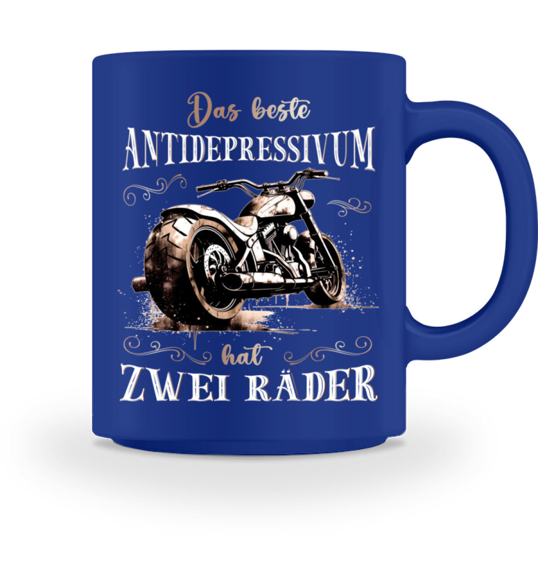 Eine Tasse für Motorradfahrer von Wingbikers, mit dem beidseitigen Aufdruck, Das beste Antidepressivum hat zwei Räder, in royal blau.