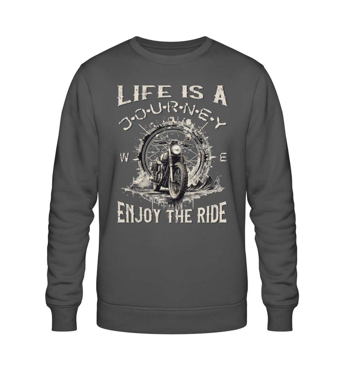 Ein Biker Sweatshirt für Motorradfahrer von Wingbikers mit dem Aufdruck, Life Is A Journey - Enjoy The Ride - in dunkelgrau.