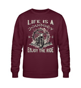 Ein Biker Sweatshirt für Motorradfahrer von Wingbikers mit dem Aufdruck, Life Is A Journey - Enjoy The Ride - in burgunder weinrot.