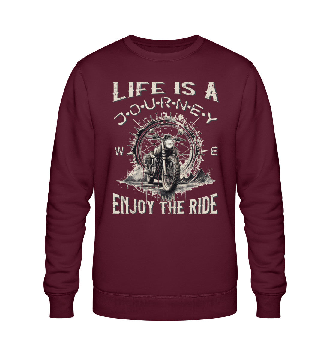 Ein Biker Sweatshirt für Motorradfahrer von Wingbikers mit dem Aufdruck, Life Is A Journey - Enjoy The Ride - in burgunder weinrot.