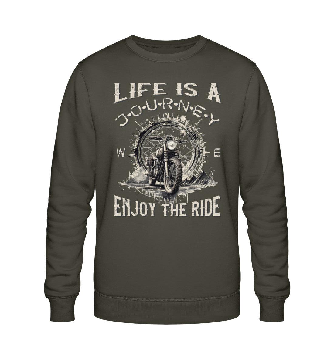 Ein Biker Sweatshirt für Motorradfahrer von Wingbikers mit dem Aufdruck, Life Is A Journey - Enjoy The Ride - in khaki grün.
