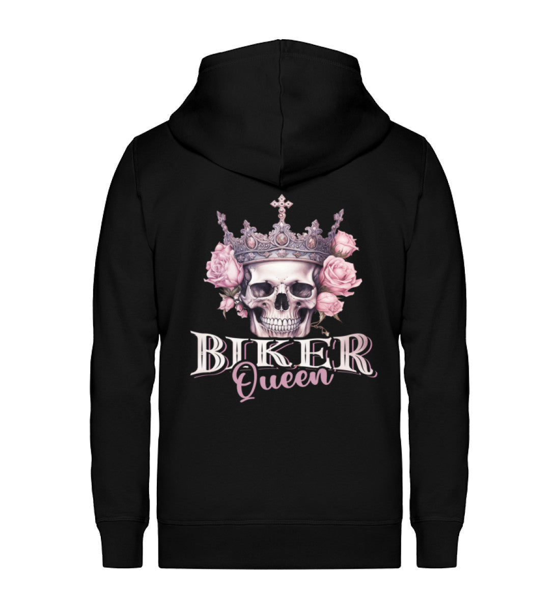 Ein Bikerin Zip-Hoodie für Motorradfahrerinnen von Wingbikers mit dem Aufdruck, Biker Queen - in schwarz.