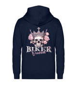 Ein Bikerin Zip-Hoodie für Motorradfahrerinnen von Wingbikers mit dem Aufdruck, Biker Queen - in navy blau.