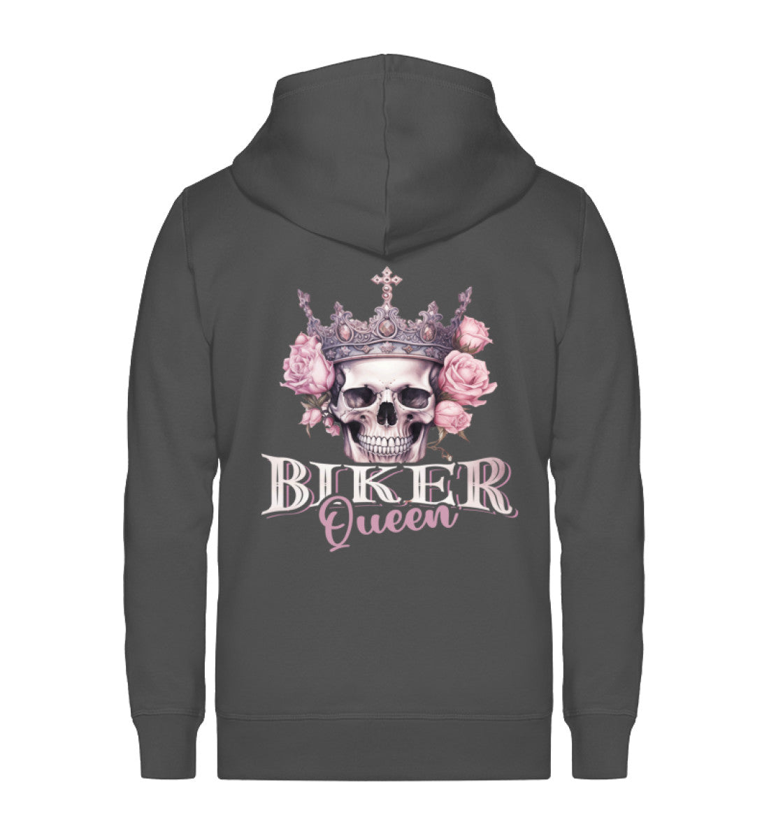 Ein Bikerin Zip-Hoodie für Motorradfahrerinnen von Wingbikers mit dem Aufdruck, Biker Queen - in dunkelgrau.