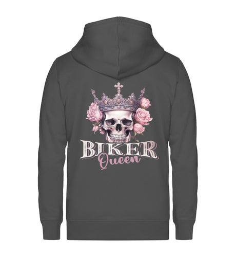 Ein Bikerin Zip-Hoodie für Motorradfahrerinnen von Wingbikers mit dem Aufdruck, Biker Queen - in dunkelgrau.