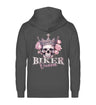 Ein Bikerin Zip-Hoodie für Motorradfahrerinnen von Wingbikers mit dem Aufdruck, Biker Queen - in dunkelgrau.