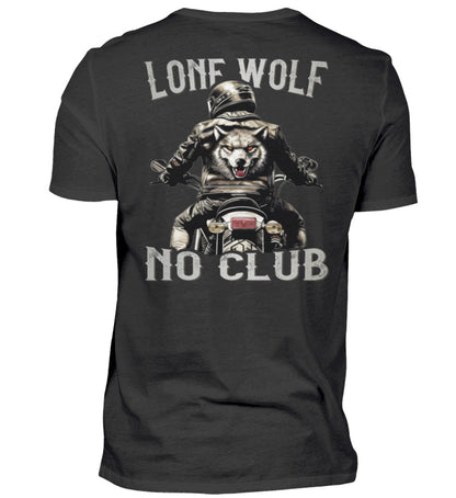 Ein Biker T-Shirt für Motorradfahrer von Wingbikers mit dem Aufdruck, Lone Wolf - No Club, als Back Print, in schwarz.
