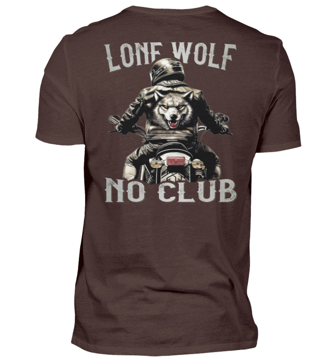 Ein Biker T-Shirt für Motorradfahrer von Wingbikers mit dem Aufdruck, Lone Wolf - No Club, als Back Print, in braun.
