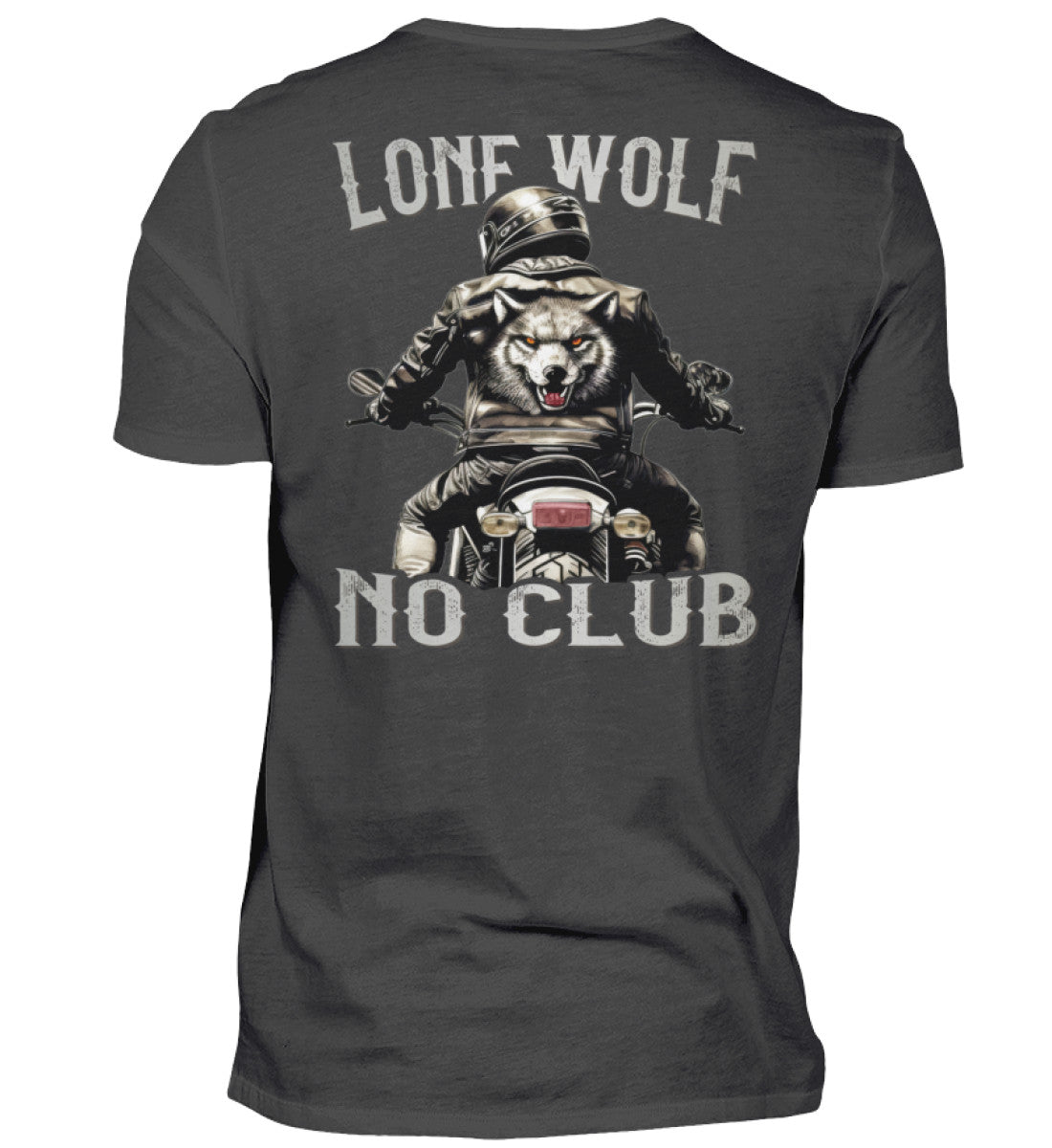 Ein Biker T-Shirt für Motorradfahrer von Wingbikers mit dem Aufdruck, Lone Wolf - No Club, als Back Print, in dunkelgrau.